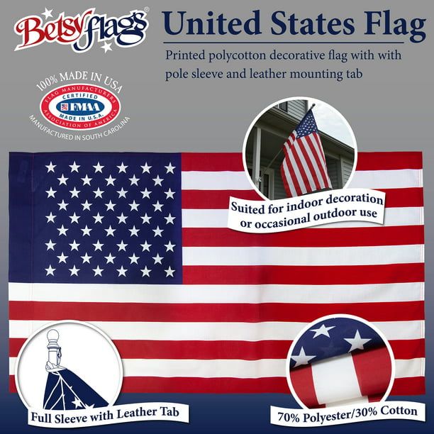 Printed Polycotton American Flag, Sleeved Banner Betsy Flags, 2.5' x 4'