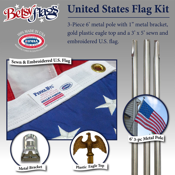 6 ft. Steel Flagpole Betsy Flags American Flag Kit, Sewn Nylon Flag, Grommeted, Silver