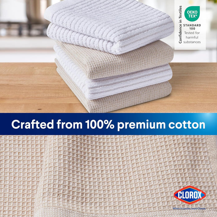 CLOROX Kitchen Towel Set - 100% Cotton Quick Dry Absorbent Multipurpose Beautiful Towels - 15" x 25" - Beige Tan 4 Pack
