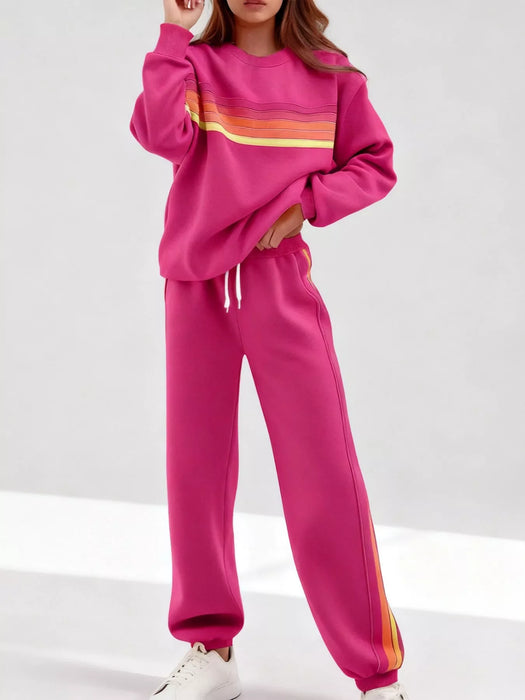 Striped Round Neck Sweatshirt and Pants Set