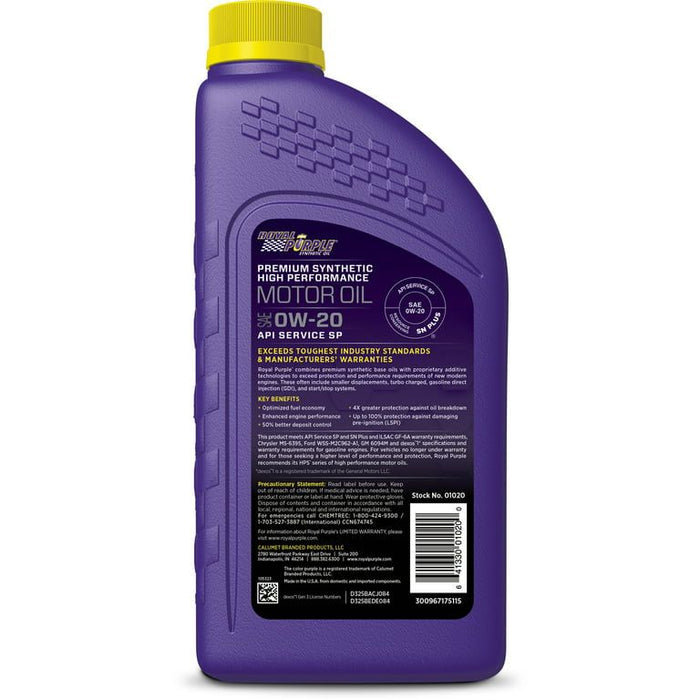 Royal Purple High Performance Motor Oil 0W-20 Premium Synthetic Motor Oil, 1 Quart