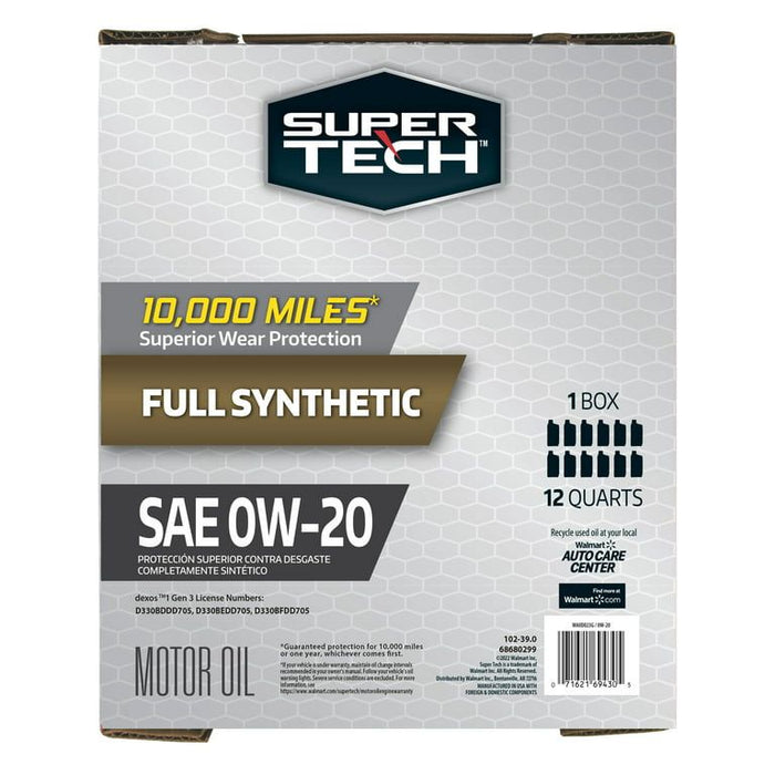 Super Tech Full Synthetic SAE 0W-20 Motor Oil, 12 Quart Bag (3 gallons)