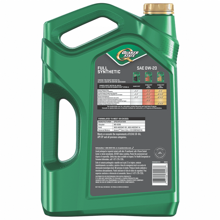 Quaker State Full Synthetic 0W-20 Motor Oil, 5-Quart