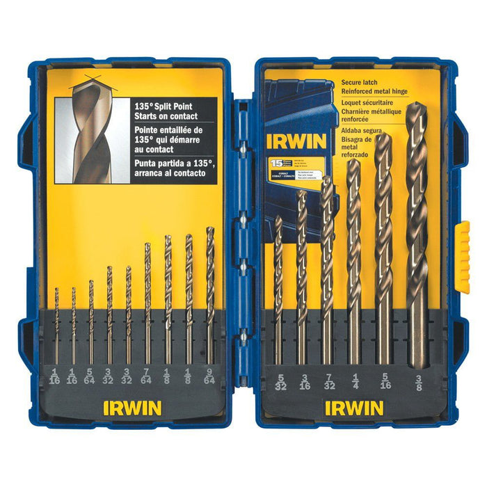 IRWIN 316015 - 15-Piece Cobalt HSS Straight Shank Fractional Drill Bit Pro Set