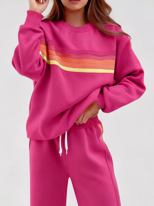 Striped Round Neck Sweatshirt and Pants Set