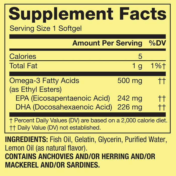 Spring Valley Omega-3 Fish Oil Softgels, Lemon, 500 mg, 60 Count