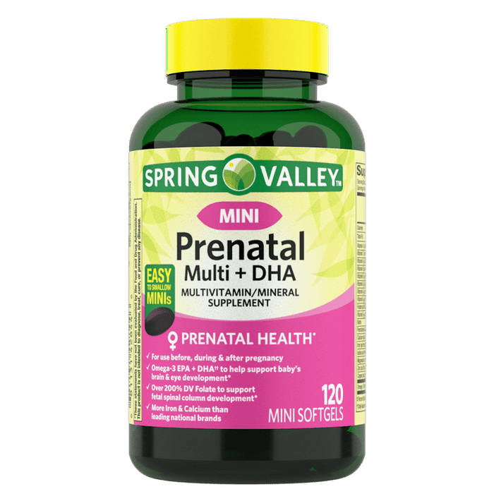 Spring Valley Mini Prenatal Multi + DHA Complete Multivitamin/Multimineral Supplement Mini Softgels, 120 Count