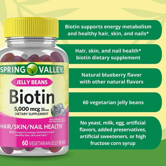 Spring Valley Biotin Vegetarian Jelly Beans, 5000 Mcg, 60 Count