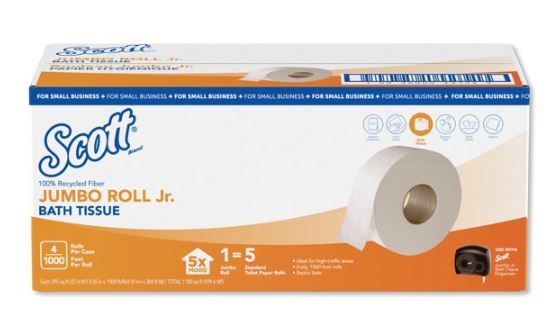 Scott Essential 100% Recycled Fiber JRT Bathroom Tissue, Septic Safe, 2-Ply, White, 1000 ft, 4 Rolls/Carton -KCC49156