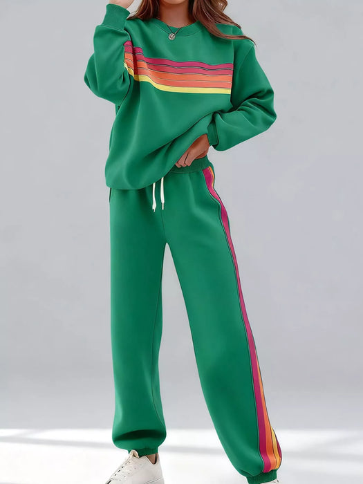 Striped Round Neck Sweatshirt and Pants Set