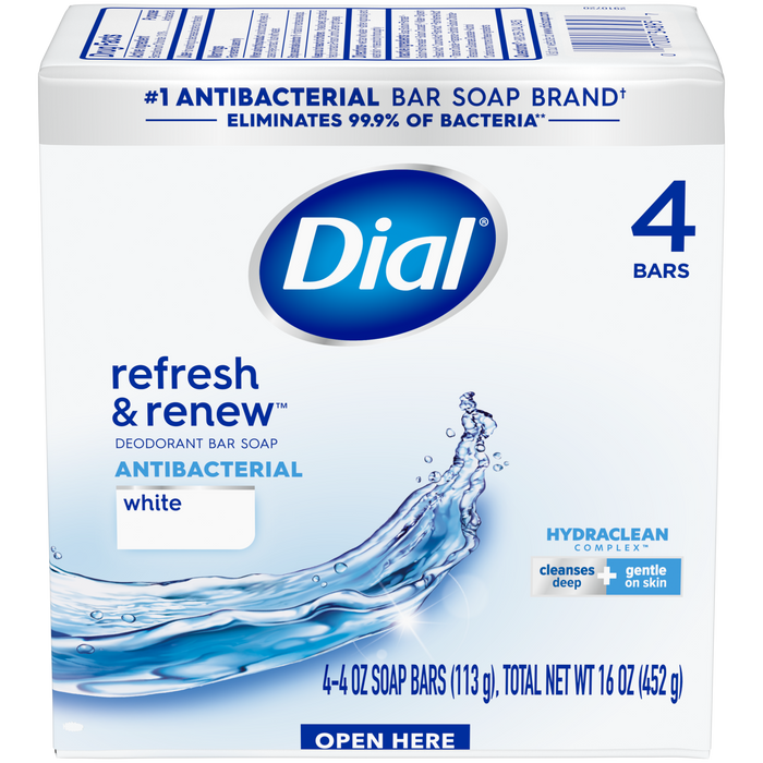 Dial Antibacterial Bar Soap, Refresh & Renew, White, 4 oz, 4 Bars