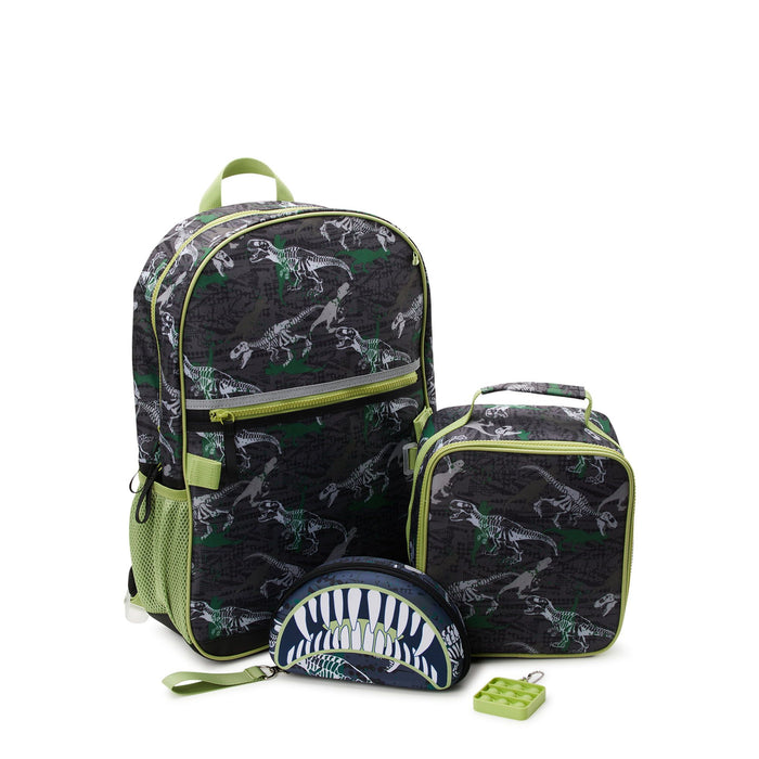 Wonder Nation Kids 17" Laptop Backpack and Lunch Tote Set, 4-Piece, Dinosaur Print Black Soot