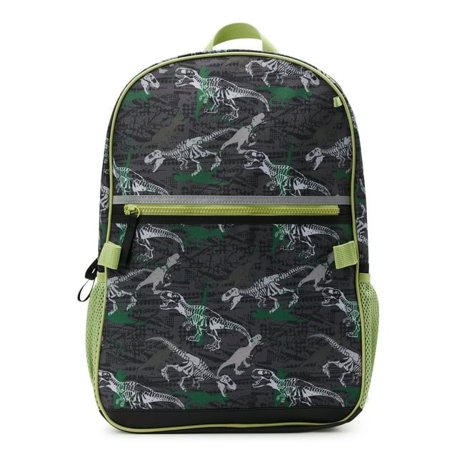 Wonder Nation Kids 17" Laptop Backpack and Lunch Tote Set, 4-Piece, Dinosaur Print Black Soot