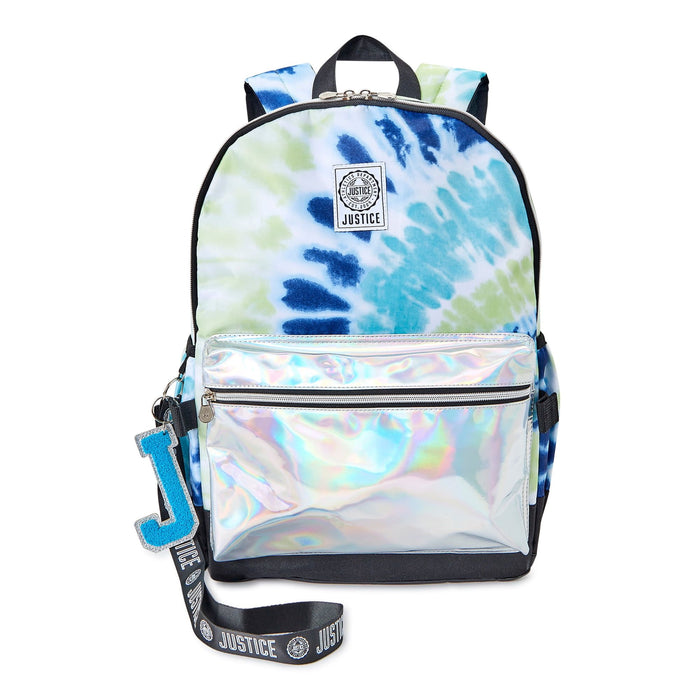 Justice Girls 17" Laptop Backpack, Lunch Tote and Pencil Case, 3-Piece Set Metallic Print Blue Tie Dye