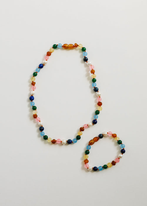 Raw Baltic Amber and Pearl Necklace + Sweet Pink Gemstones