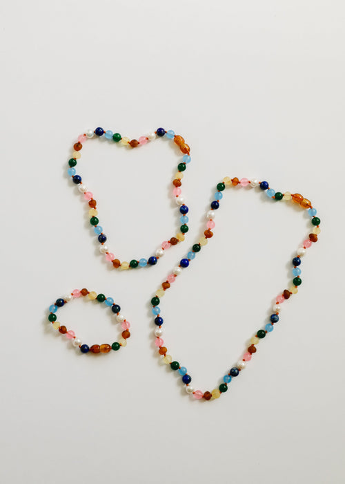 Raw Baltic Amber and Pearl Necklace + Sweet Pink Gemstones