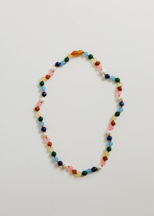 Raw Baltic Amber and Pearl Necklace + Sweet Pink Gemstones