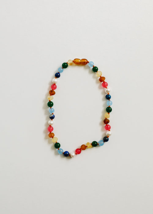 Raw Baltic Amber and Pearl Necklace + Bright Pink Gemstones