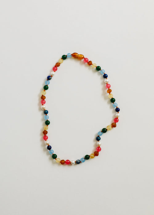Raw Baltic Amber and Pearl Necklace + Bright Pink Gemstones