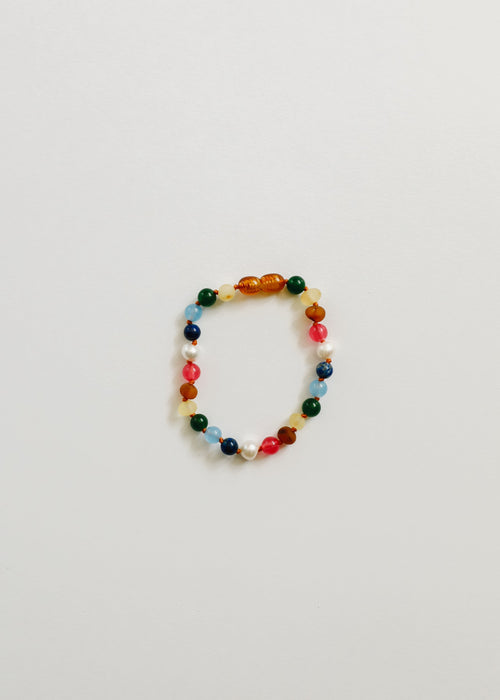 Raw Baltic Amber and Pearl Bracelet + Bright Pink Gemstones
