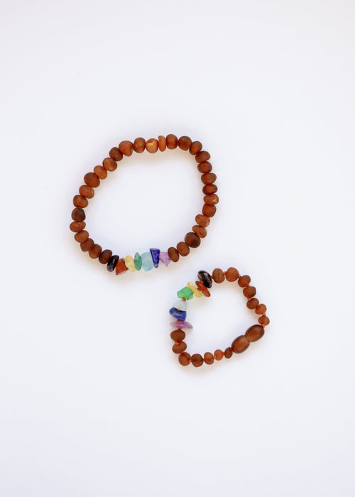 Raw Cognac Baltic Amber + Raw CHAKRA Crystals || Adult Bracelet