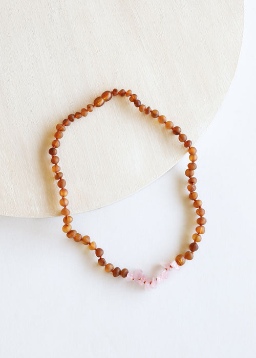 Raw Cognac Baltic Amber + Raw Rose Quartz || Necklace