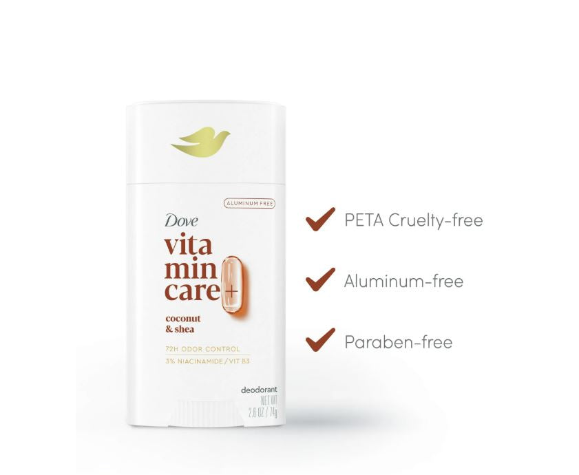 Dove VitaminCare+ Long Lasting Deodorant Stick for Women, Coconut & Shea Butter, Aluminum Free, 2.6 oz
