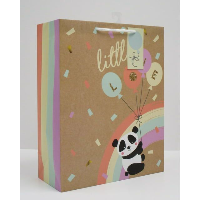 Way to Celebrate Baby All Occasion Extra Large Brown Paper Gift Bag Panda Rainbow, 12" x 5" x 15"