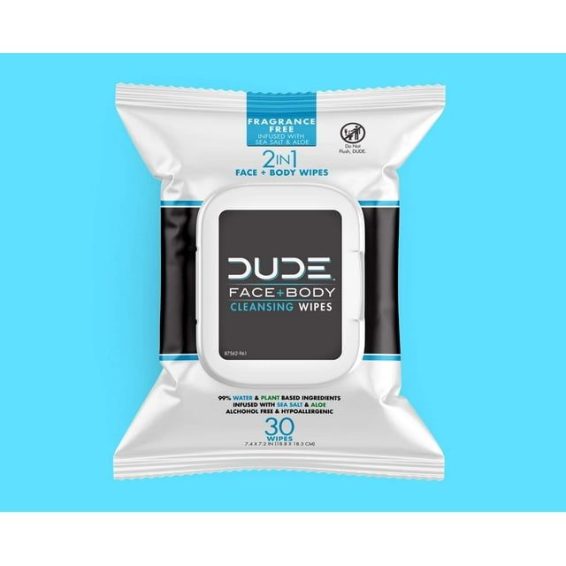 DUDE Wipes Cleansing Wipes, 2-in-1 Face and Body Wipes, Unscented, 30 Count