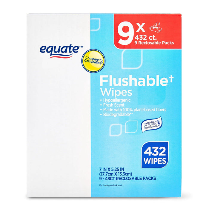 Equate Fresh Scent Flushable Wipes, 9 Resealable Packs of 48 Wipes (432 Total Wipes)