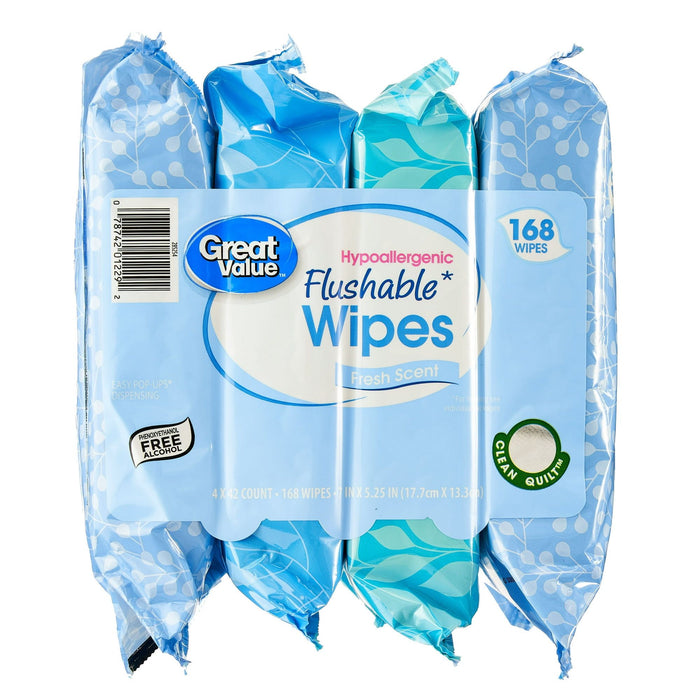 Great Value Fresh Scent Flushable Wipes, 4 Resealable Packs, 168 Total Wipes