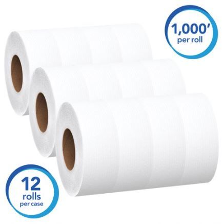 Scott Essential 100% Recycled Fiber JRT Bathroom Tissue for Business, Septic Safe, 2-Ply, White, 1000 ft, 12 Rolls/Carton