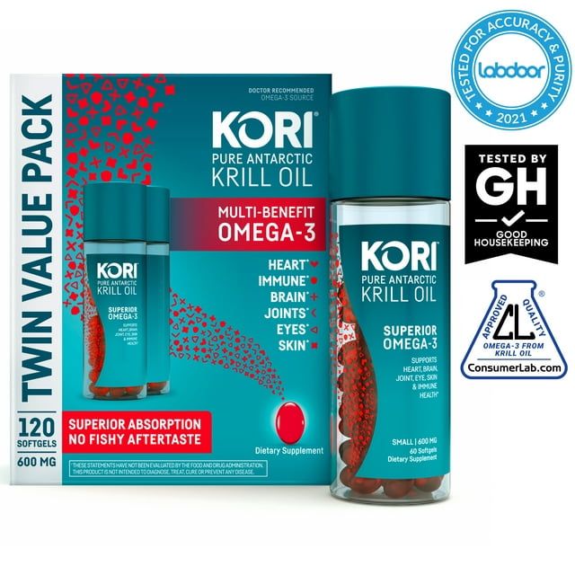 Kori Krill Oil Omega-3 600mg, 120 Softgels | Superior Omega-3 Absorption vs Fish Oil | No Fishy Burps | Omega-3 Supplement for Heart, Brain, Joint, Eye, Skin & Immune Health