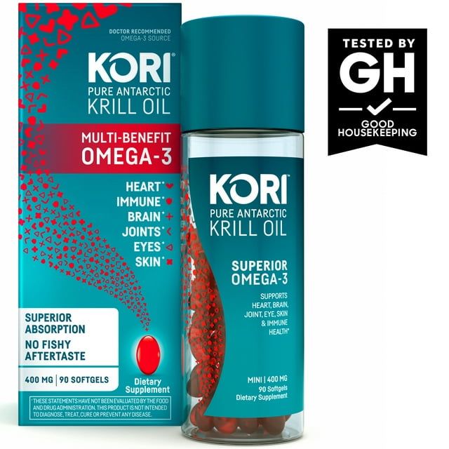 Kori Krill Oil Omega-3 400mg, 90 Softgels | Superior Omega-3 Absorption vs Fish Oil | No Fishy Burps | Omega-3 Supplement for Heart, Brain, Joint, Eye, Skin & Immune Health