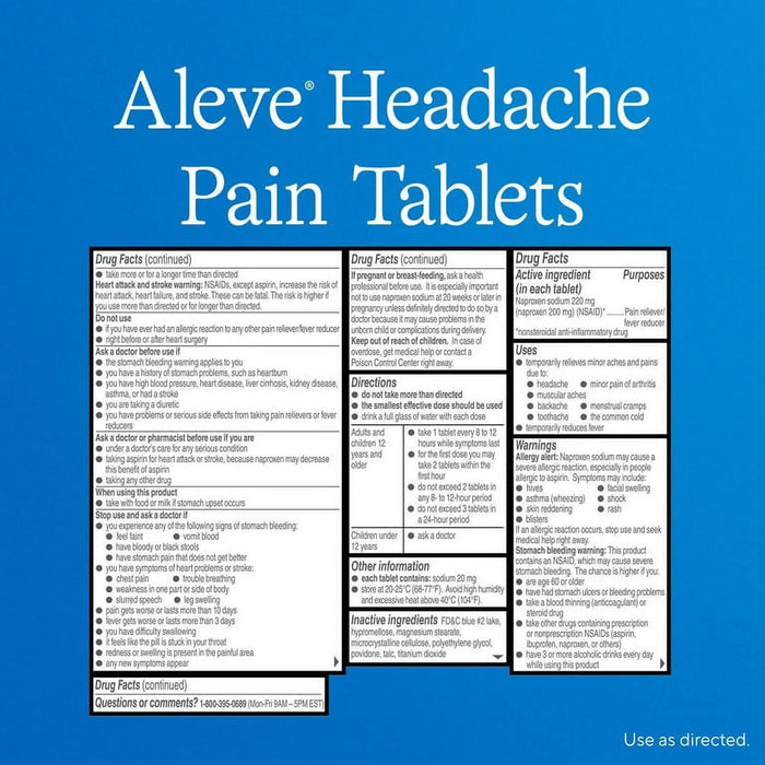 Aleve Headache Pain Reliever Naproxen Sodium Tablets, 90 Count