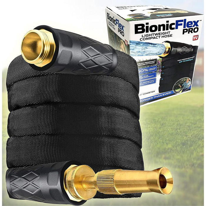 Bionic Flex Pro 100' Garden Hose Heavy Duty, Lightweight Weatherproof Garden Water Hose, Brass Fittings, Adjustable Brass Spraying and Shooting Nozzle, Kink Free Hose, 500 PSI Tear Resistant- 100ft.