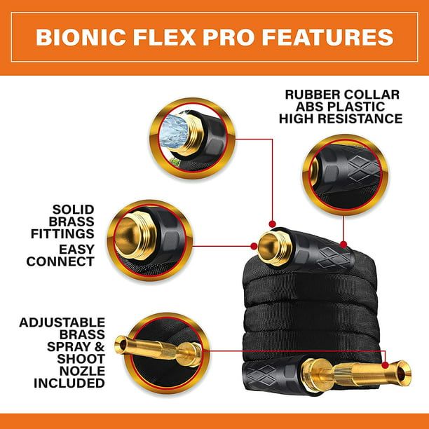 Bionic Flex Pro 100' Garden Hose Heavy Duty, Lightweight Weatherproof Garden Water Hose, Brass Fittings, Adjustable Brass Spraying and Shooting Nozzle, Kink Free Hose, 500 PSI Tear Resistant- 100ft.