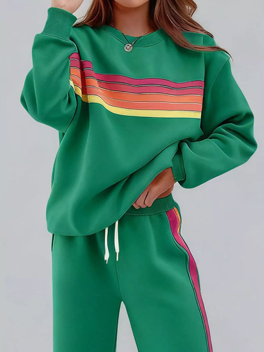 Striped Round Neck Sweatshirt and Pants Set