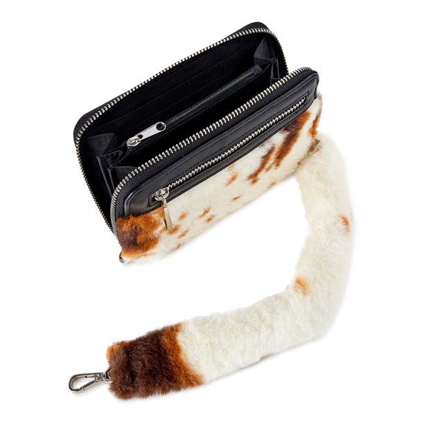 No Boundaries Women's Anika Fur Wallet Brown White Cow Print