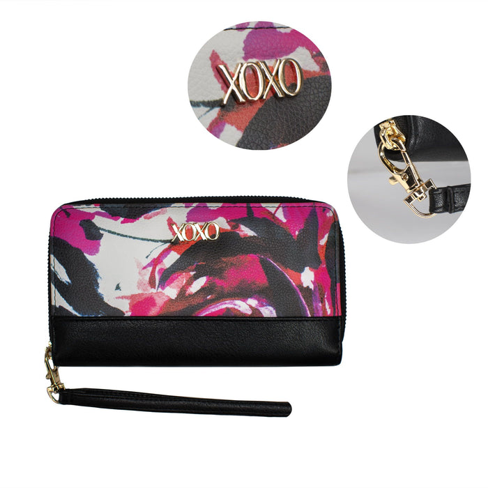 XOXO Women's Small Floral Print Saffiano Leather Zip Around Wallet with Wristlet