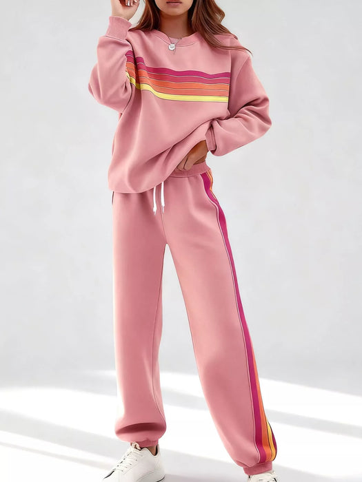 Striped Round Neck Sweatshirt and Pants Set