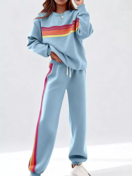 Striped Round Neck Sweatshirt and Pants Set