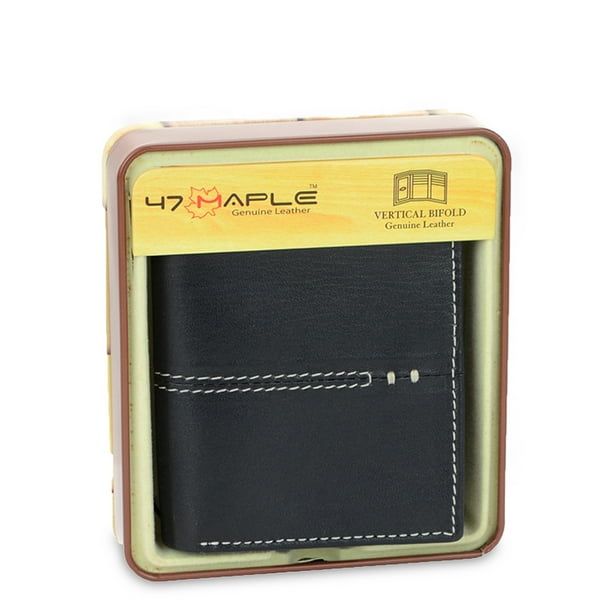 47 Maple Men's Center Stitch Design Genine Black Leather RFID Verticle Bifold Wallet in Tin Box