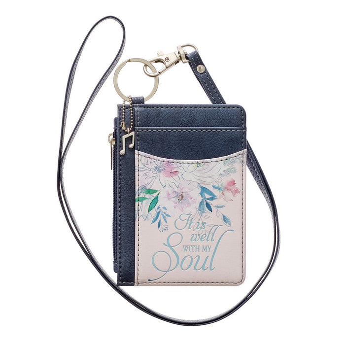 ID Card Holder It is Well With My Soul Gray/Pink Floral Faux Leather Zip ID Case, Keychain Slim Front Pocket Wallet for Women w/Detachable Lanyard Neck Strap