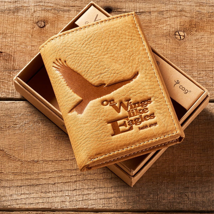 Eagle Tri-Fold in Saddle Tan - Isaiah 40:31 Leather Wallet