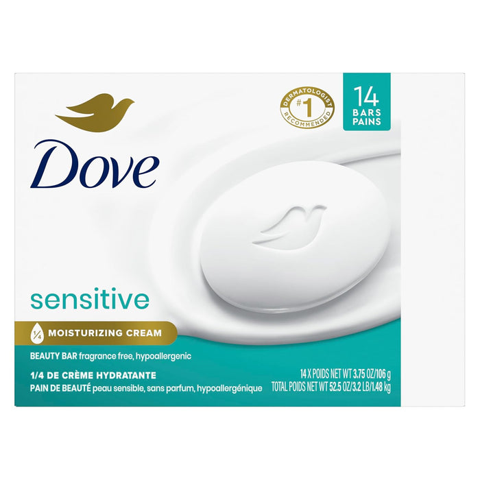 Dove Beauty Bar More Moisturizing Than Bar Soap for Softer Skin, Fragrance-Free, Hypoallergenic Beauty Bar Sensitive Skin With Gentle Cleanser 3.75 oz 14 Bars