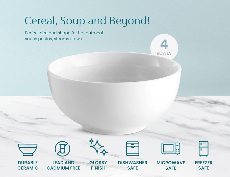 KooK Ceramic Soup Bowls, Cereal Bowl, Microwave, Dishwasher and Freezer Safe, Porcelain Dishes for Pasta, Salad, Oatmeal, Deep Interior, 20 oz, Set of 4, Marshmallow White