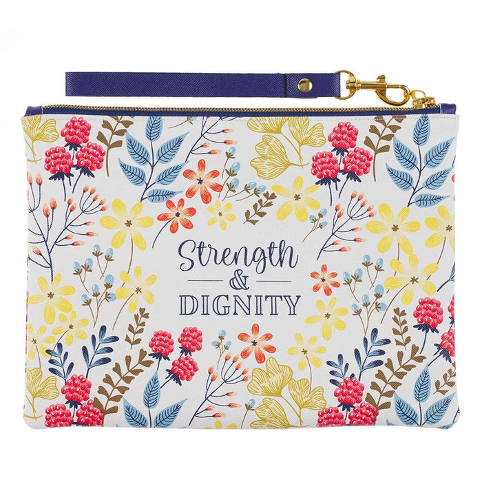 Womens Wristlet Clutch Zippered Pouch w/Wrist Strap Strength & Dignity Faux Leather, Floral/White, Slim Case Accessory for Cosmetics, Travel, Organization, 7.1" x 9.4", With Love