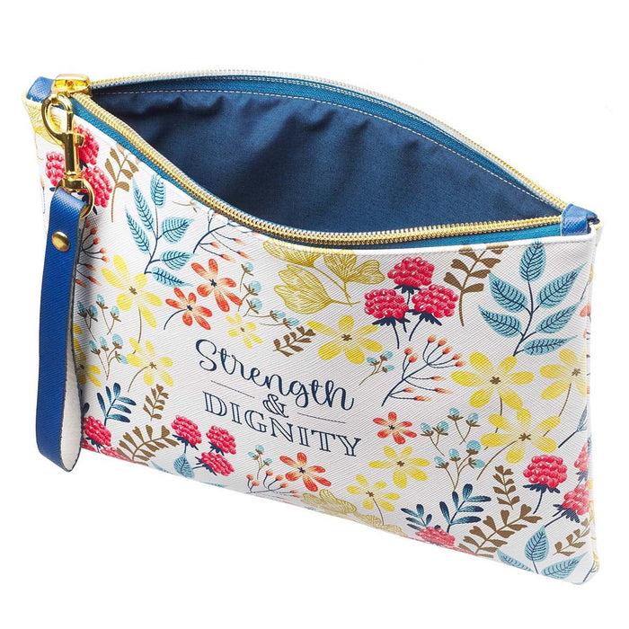 Womens Wristlet Clutch Zippered Pouch w/Wrist Strap Strength & Dignity Faux Leather, Floral/White, Slim Case Accessory for Cosmetics, Travel, Organization, 7.1" x 9.4", With Love