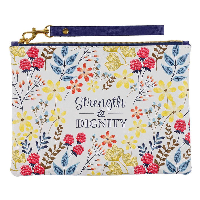 Womens Wristlet Clutch Zippered Pouch w/Wrist Strap Strength & Dignity Faux Leather, Floral/White, Slim Case Accessory for Cosmetics, Travel, Organization, 7.1" x 9.4", With Love